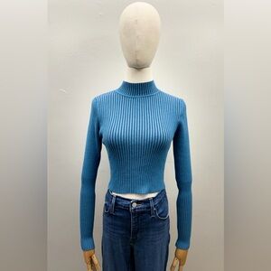 Blue Blush Fitted Ribbed Mock Neck Sweater Blue Cropped Knit Size S